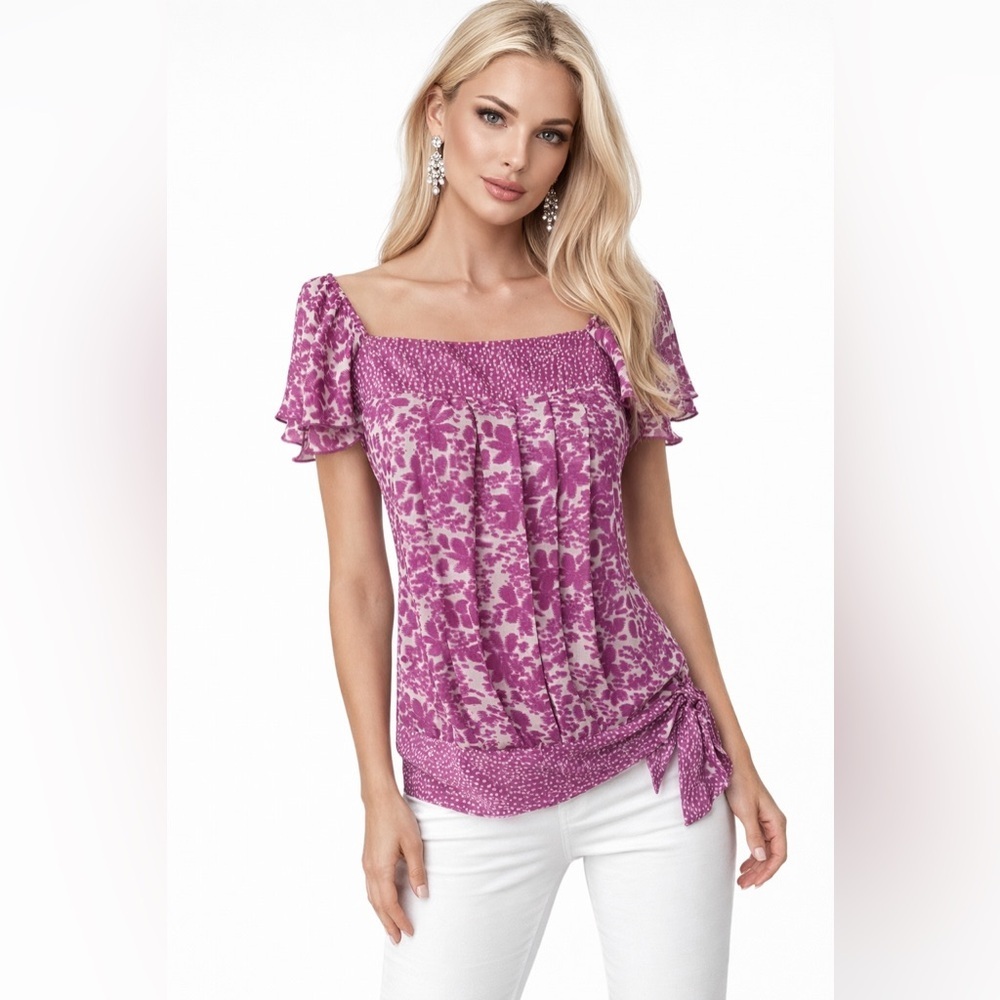 APT. 9 Womenโs White/magenta Blouse Size Small W/Short Flutter Sleeve Side Tie